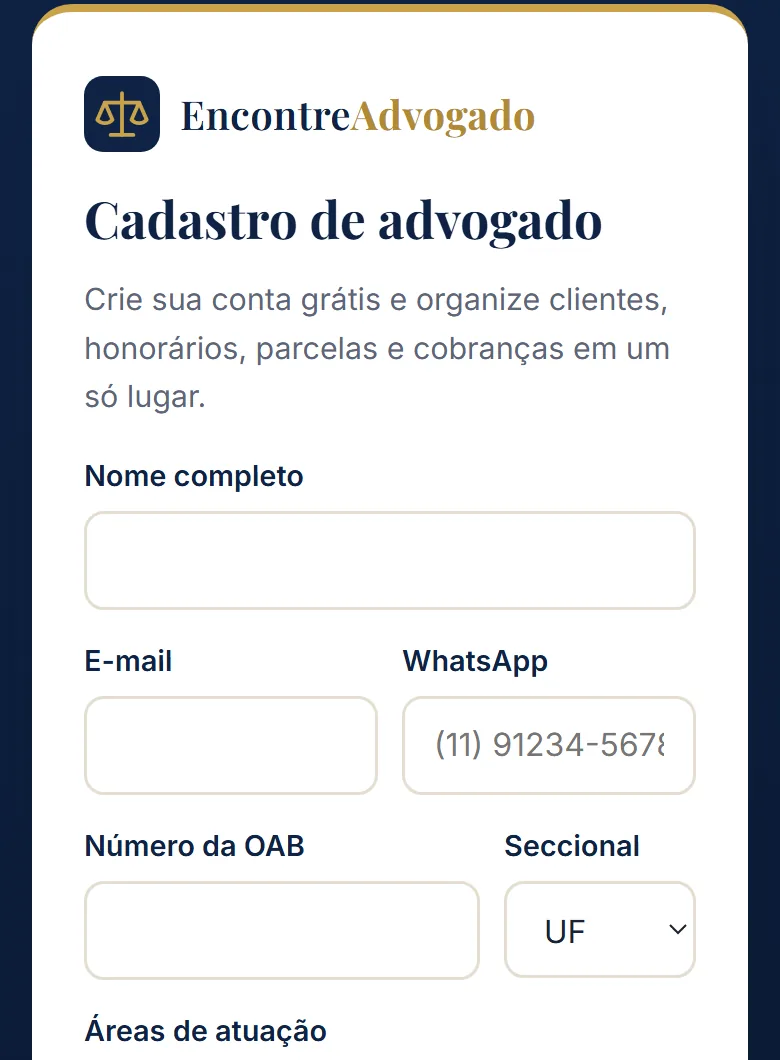 Tela de cadastro de advogado com nome, e-mail, WhatsApp e número da OAB