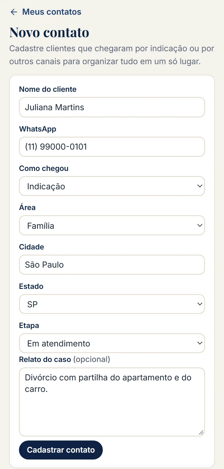 Formulário de novo contato com nome do cliente, WhatsApp, origem, área, cidade e etapa