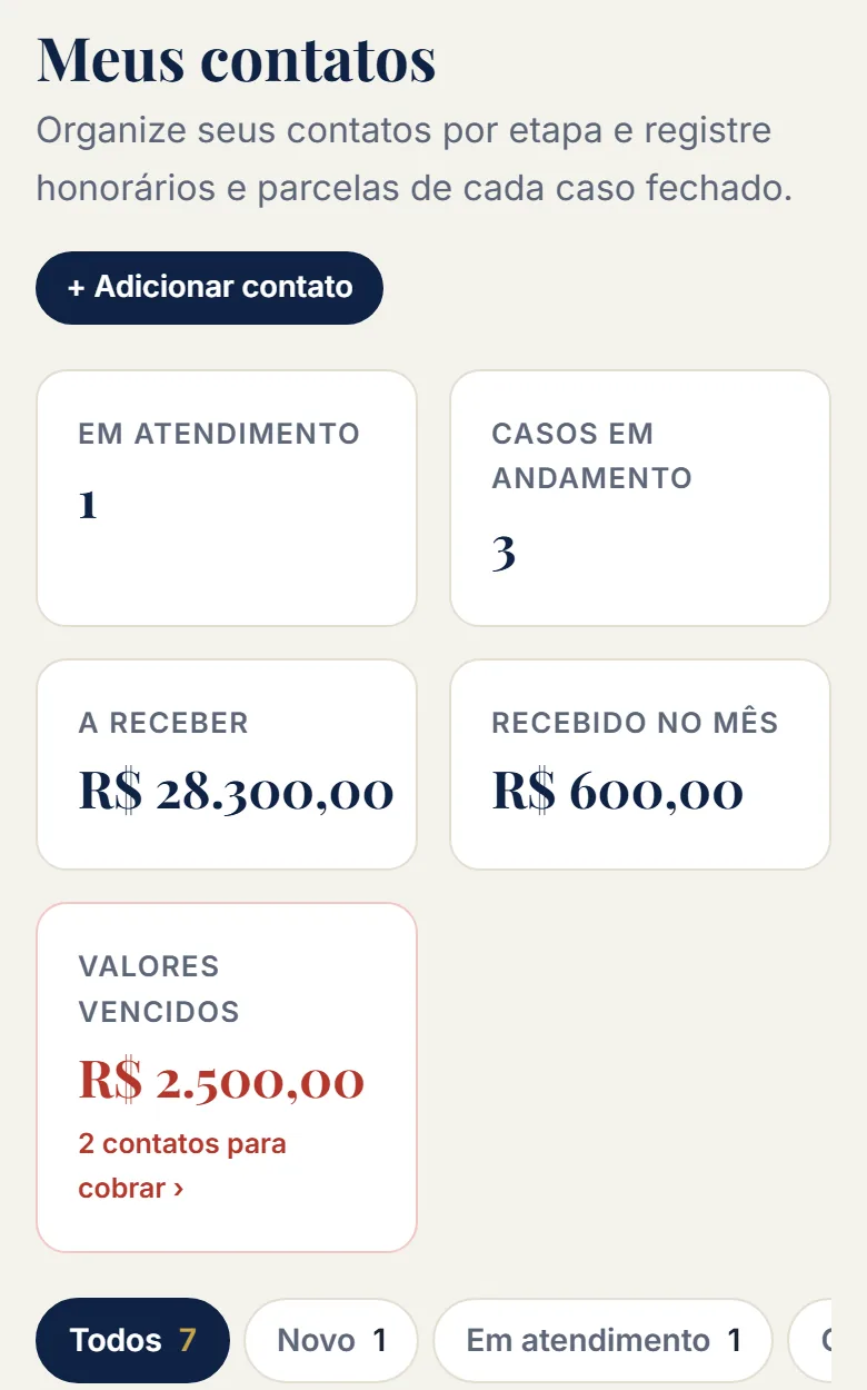 Tela Meus contatos com casos em atendimento, valores a receber, recebidos no mês e valores vencidos
